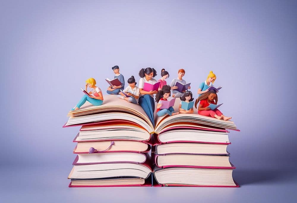 A community of small figures reading on top of a stack of open books