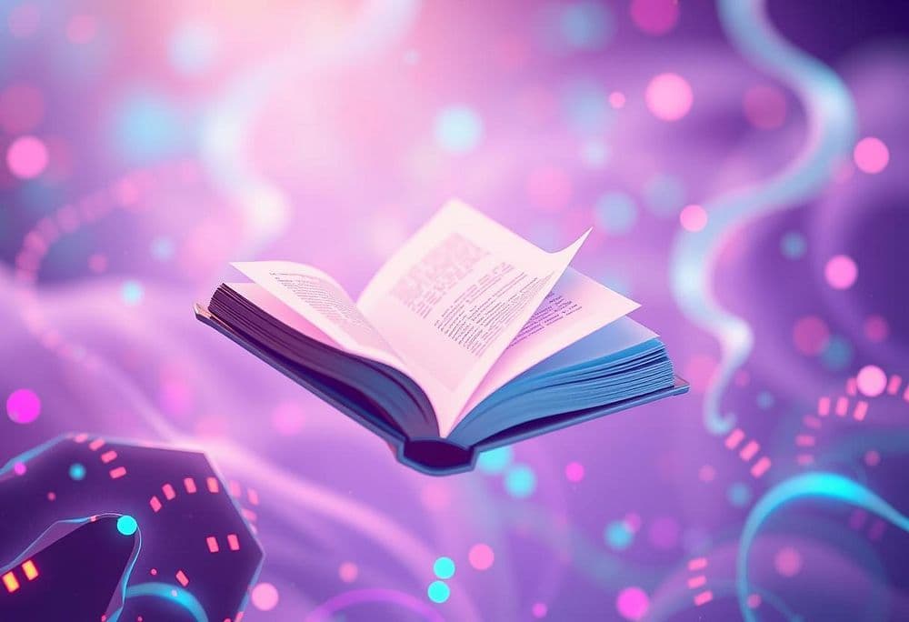 An open book floating in a glowing digital network