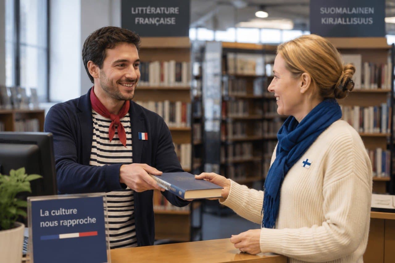 Two readers passing an open book to each other across a table in a colourful library